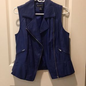 INC ZipUp faux leather ruffle biker moto vest jacket zipper pockets size S blue